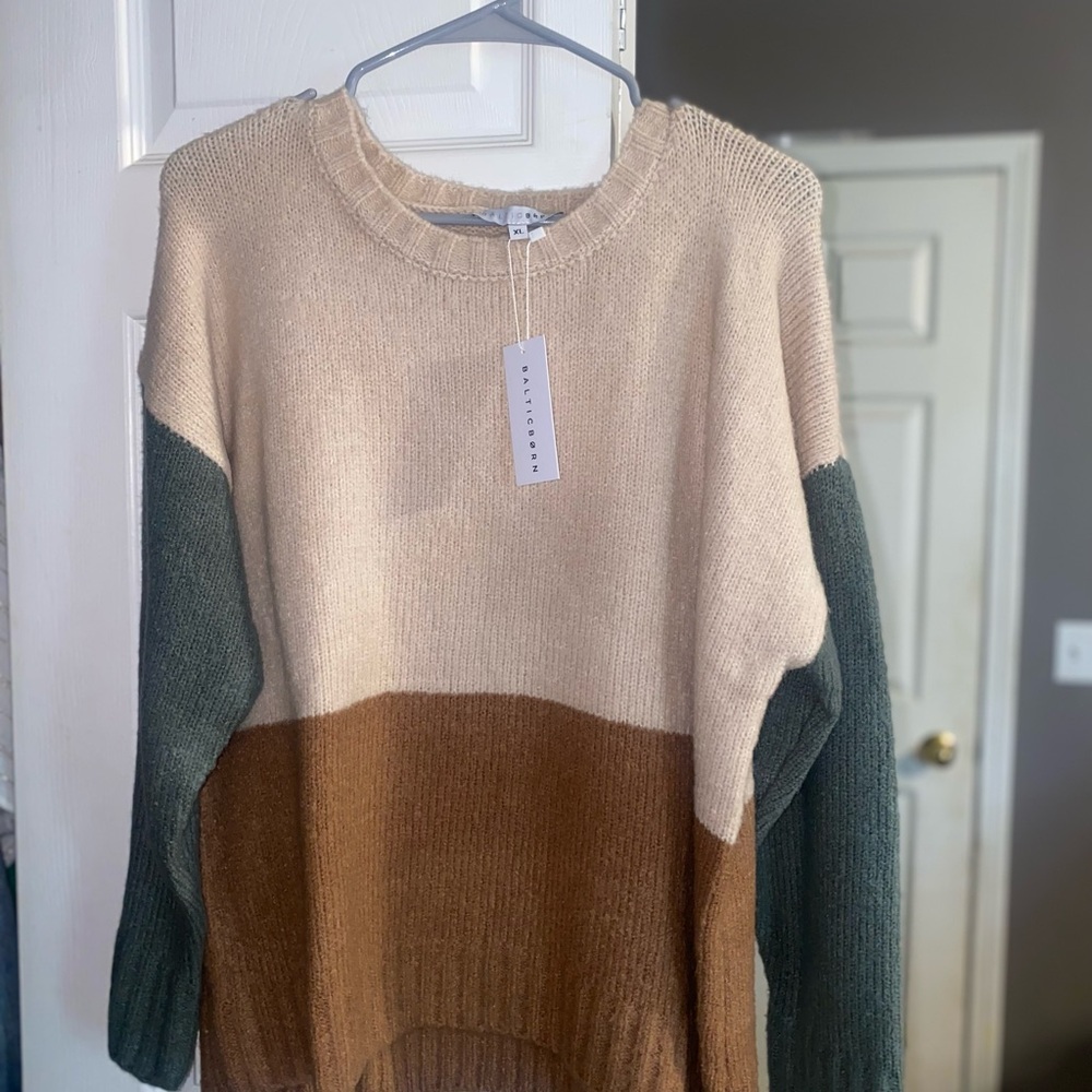 Colorblock Sweater in Cream, Brown, and Green
